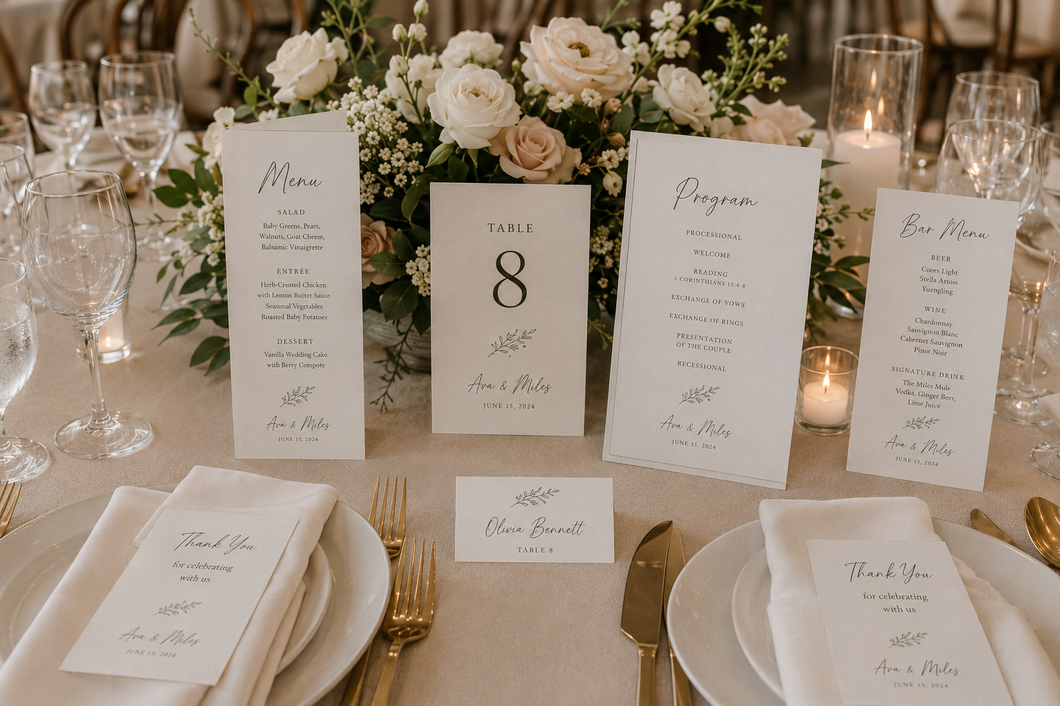Wedding menus, programs, place cards, bar menu, and table number cards
