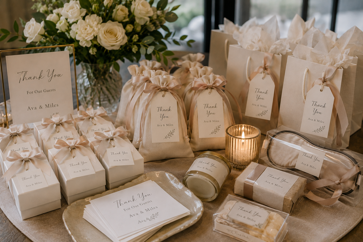 Wedding favor boxes, custom stickers, thank-you cards, tags, and guest gifts
