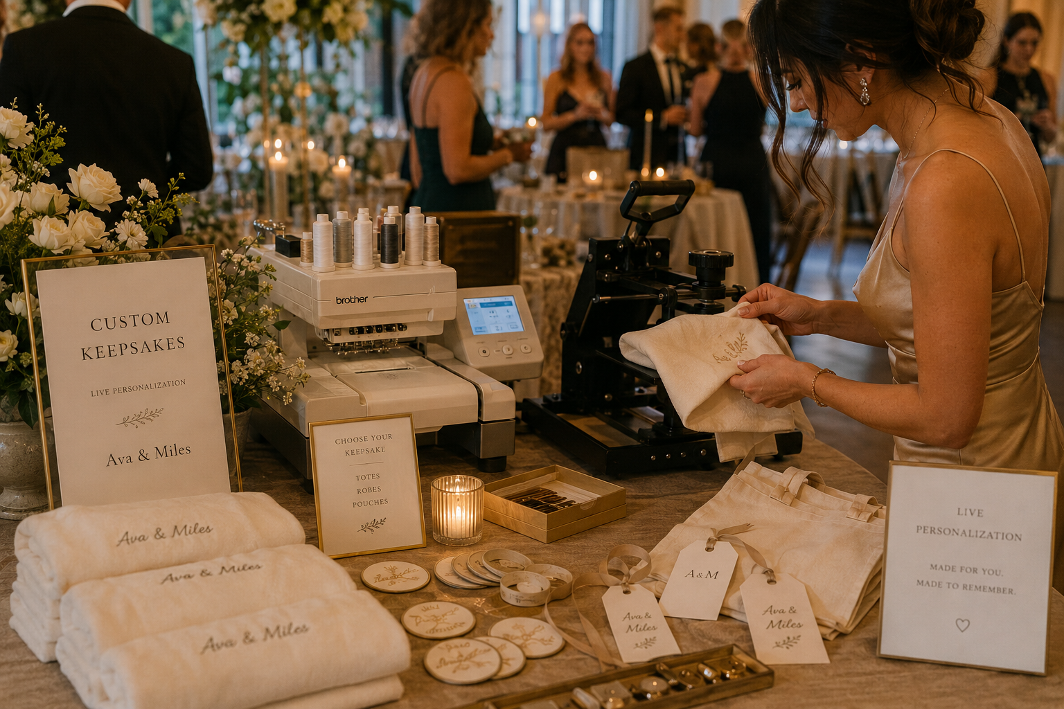 Live wedding guest experience station with custom keepsakes and personalization