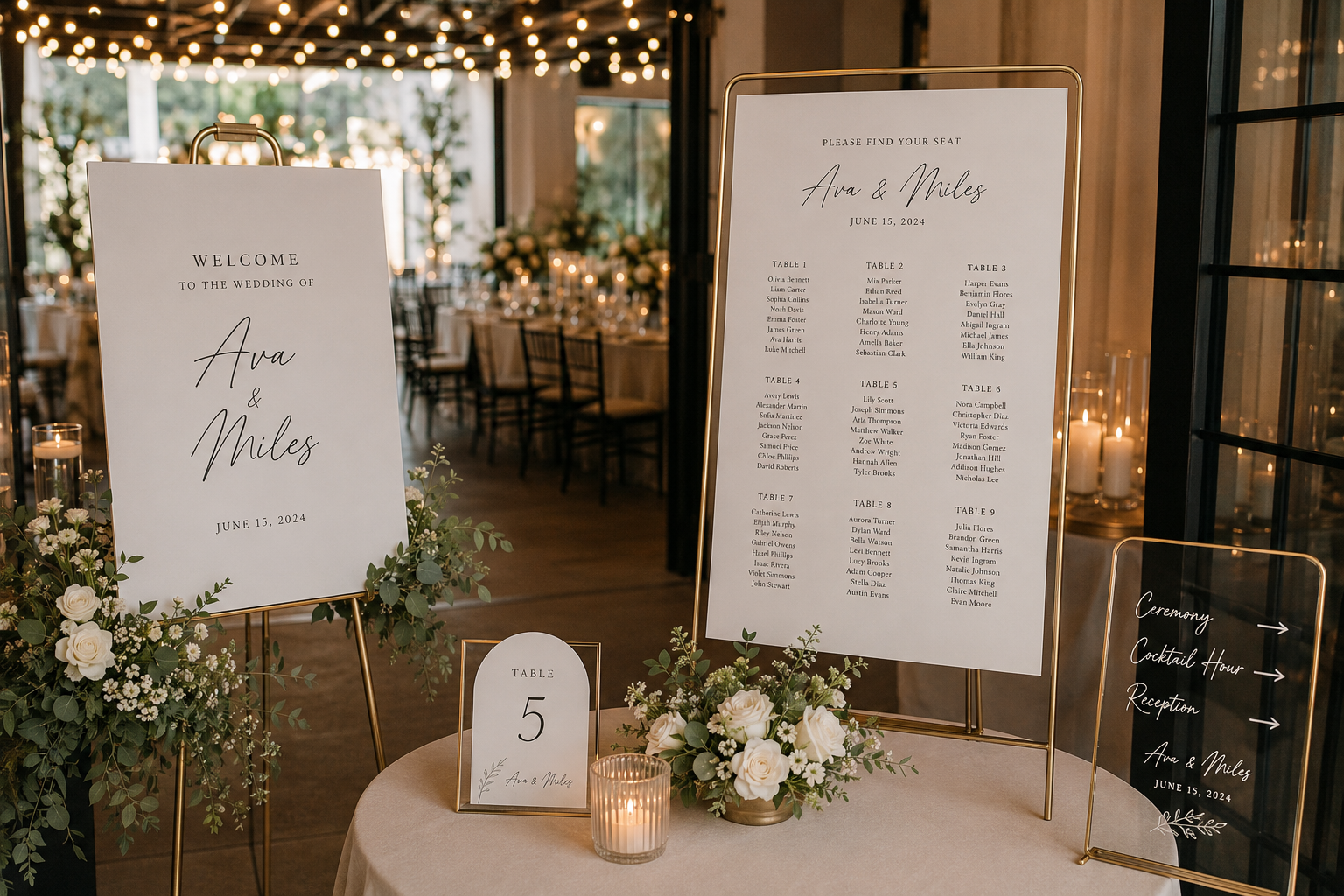 Wedding welcome sign, seating chart, table number, and acrylic directional sign
