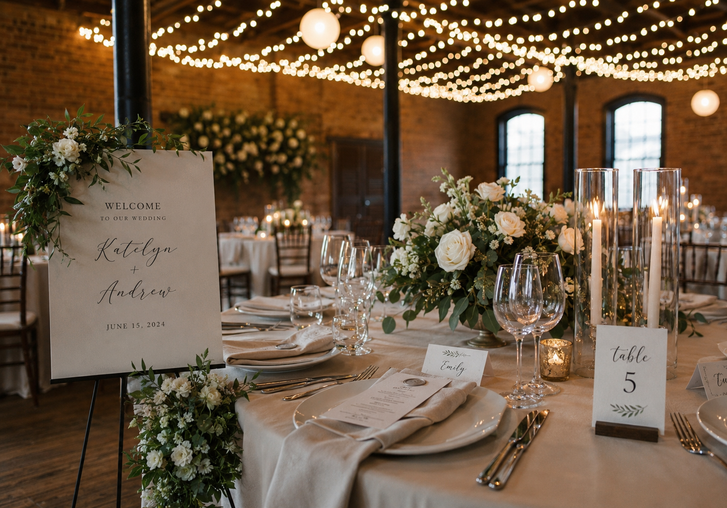 Elegant wedding guests near a live customization station with event gifts