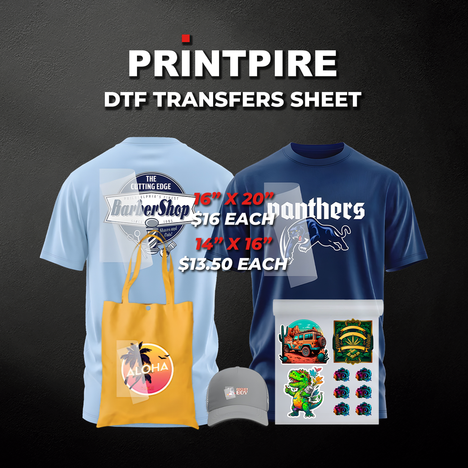 DTG DTF TRANSFERS SHEET SINGLE IMAGE PER SHEET 16 X 20IN OR 14 X 16IN