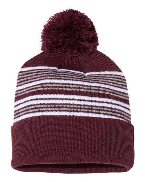 12" Striped Pom-Pom Cuffed Beanie