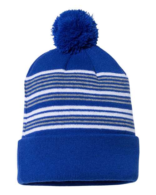 12" Striped Pom-Pom Cuffed Beanie